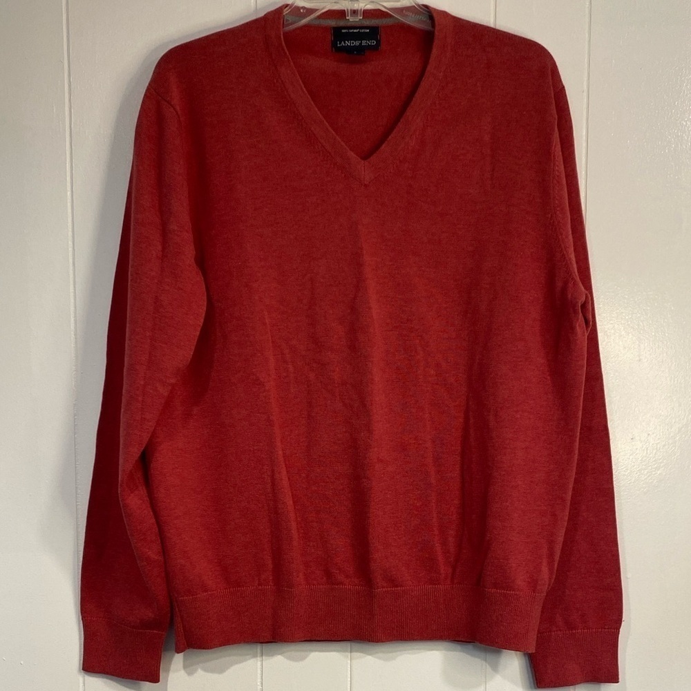 Lands End Supima Cotton V-Neck Sweater Rich Red Preppy Size L 42-44